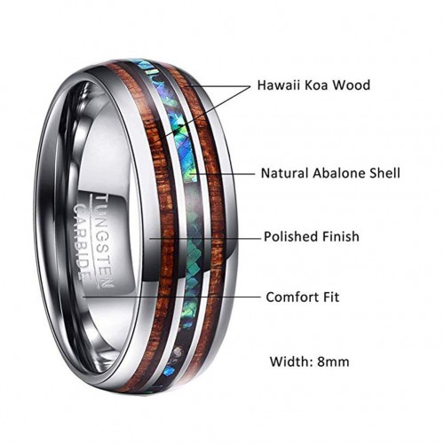 Mens Women Tungsten carbide Matching Rings Hawaiian Koa Wood Abalone Shell Imitated Opal Inlay Couple Wedding Bands