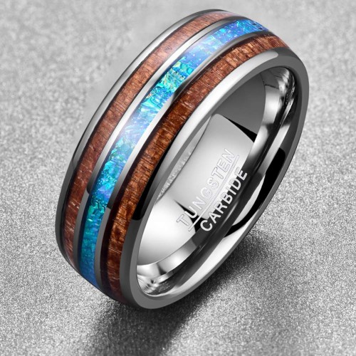 Tungsten Carbide Rings for Mens Womens Hawaiian Koa Wood Abalone Shell Imitated Opal Inlay Couples Wedding Bands
