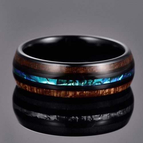 Mens Women Tungsten Engraved Custom Hawaiian Koa Wood and Black+Abalone Shell Imitated Opal Inlay Ring Tungsten Carbide Rings 