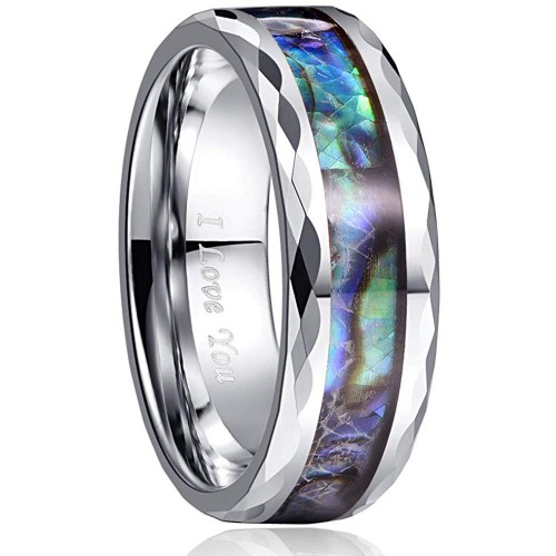 Mens Womens Silver Abalone Shell Tungsten carbide Rings Couple Wedding Bands Carbon Fiber Comfort Fit