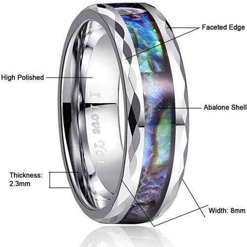 Mens Womens Silver Abalone Shell Tungsten carbide Rings Couple Wedding Bands Carbon Fiber Comfort Fit