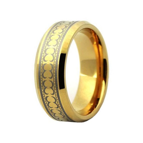 8MM Gold Plated Tungsten Carbide Rings Bevel Edge Laser Patern Mens Womens Wedding Bands Carbon Fiber Couples