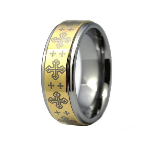 Mens Womens 8MM Gold Plated Cross Laser Tungsten Carbide Rings Step Edge Couples Wedding Bands Carbon fiber