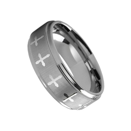 8MM Silver Couple Tungsten Carbide Rings Step Edge Laser Cross Matte Couple Wedding Bands Personalized Carbon Fiber
