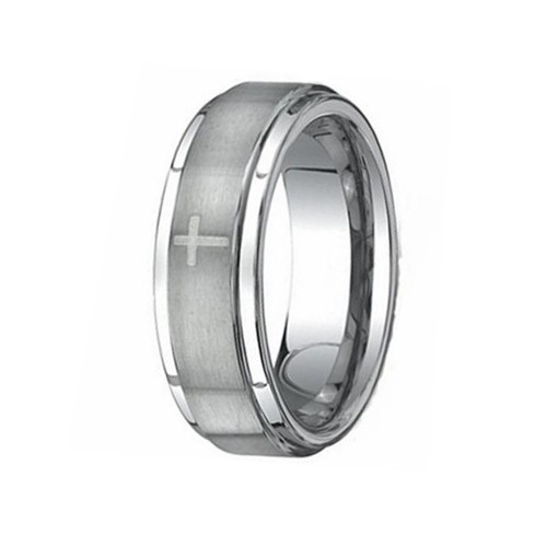 Mens Womens Silver Tungsten Carbide Rings Center Brushed Cross Laser 8MM Wedding Bands Carbon Fiber Couple