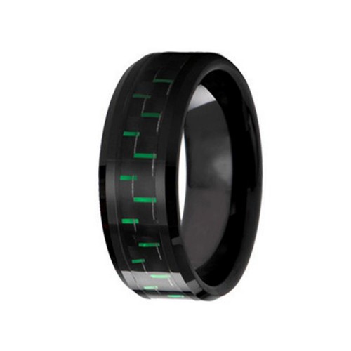 Mens Womens Black 8MM Tungsten Carbide Rings Green Carbon Fiber Inlay Polished Beveled Edge Couples Wedding Bands