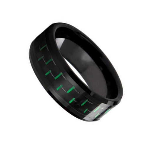 Mens Womens Black 8MM Tungsten Carbide Rings Green Carbon Fiber Inlay Polished Beveled Edge Couples Wedding Bands