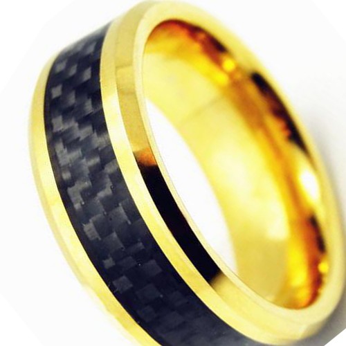 Mens Womens Gold Plated 8MM Tungsten Carbide Rings Black Carbon Fiber Inlay Couple Wedding Bands