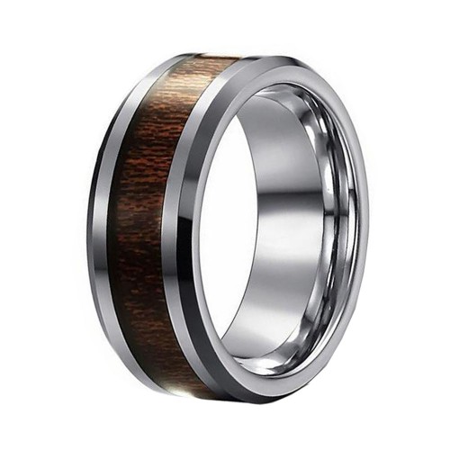 Mens Womens Silver Tungsten Carbide Rings Wedding Bands Wood Inlay Bevel Edge Carbon Fiber Comfort fits