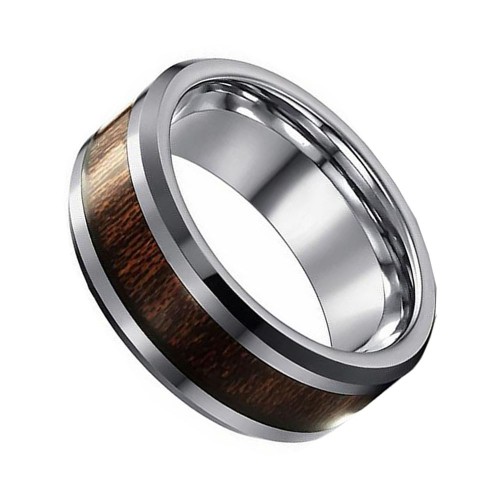 Mens Womens Silver Tungsten Carbide Rings Wedding Bands Wood Inlay Bevel Edge Carbon Fiber Comfort fits