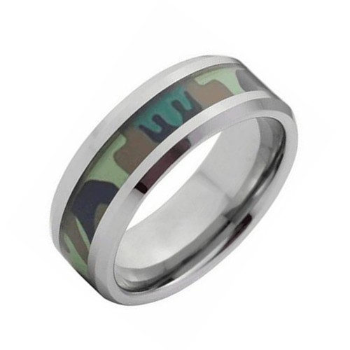 8MM Jungle Camouflage Tungsten Carbide Rings Mens Womens Wedding Band Bevel Edge Polished Finished Personalized Carbon Fiber