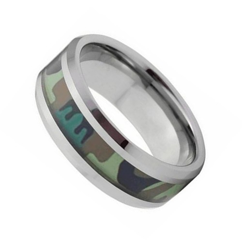 8MM Jungle Camouflage Tungsten Carbide Rings Mens Womens Wedding Band Bevel Edge Polished Finished Personalized Carbon Fiber