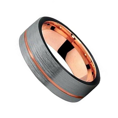 Mens Womens Tungsten Carbide Rings 8MM Thin Rose Gold Grooved Gray Brushed Surface Finish Couple Wedding Bands Carbon Fiber