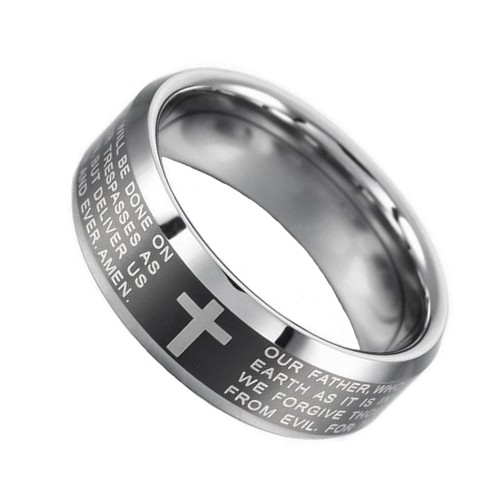 Mens Womens Black Cross Bible Tungsten Carbide Rings Bevel Edge Polished Finished 8MM Width Couple Wedding Bands Carbon Fiber