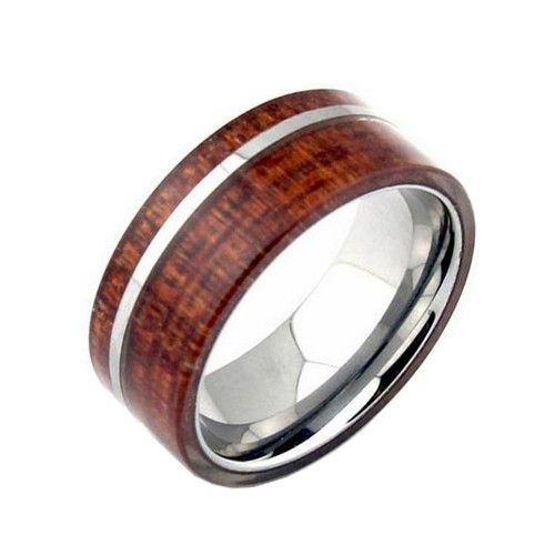 8MM Flat Wood Inlay Surface with Thin Silver Line Tungsten Carbide Rings for Mens Womens Polished Interior Couples Wedding Bands