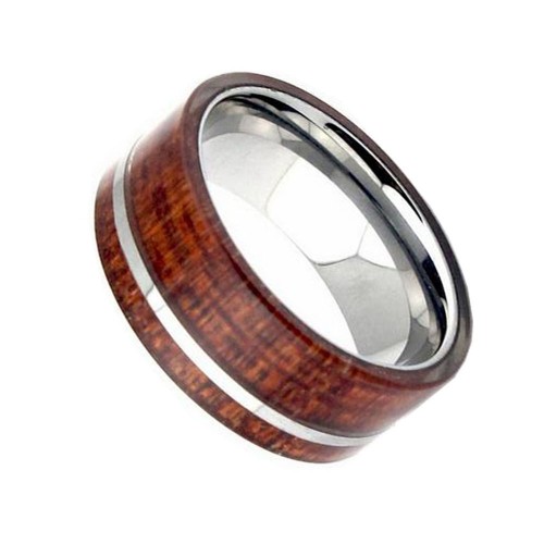 8MM Flat Wood Inlay Surface with Thin Silver Line Tungsten Carbide Rings for Mens Womens Polished Interior Couples Wedding Bands