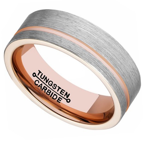 8MM Mens Two Tones Tungsten Carbide Rings Brushed Surface With Rose Gold Thin Groove Personalized Carbon Fiber Rings
