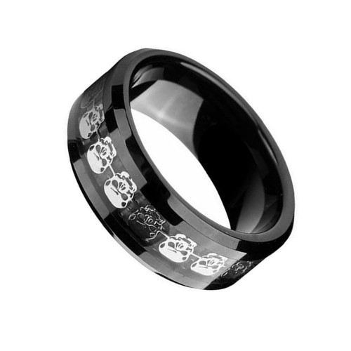 Tungsten Carbide Rings for Mens Womens 8mm Black Carbon Fiber Couples Wedding Bands Silver Skull Skeleton Inlay Promise