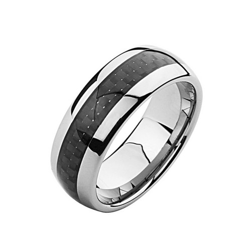 8MM Domed High Polished Silver Mens Womens Tungsten Carbide Rings Black Carbon Fiber Inlay Comfort Fit Couples Wedding Bands