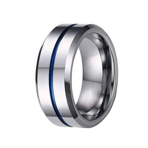 Mens Womens 8MM Silver Polish Finish Tungsten Carbide Rings Blue Thin Groove Wedding Bands Carbon Fiber Couples