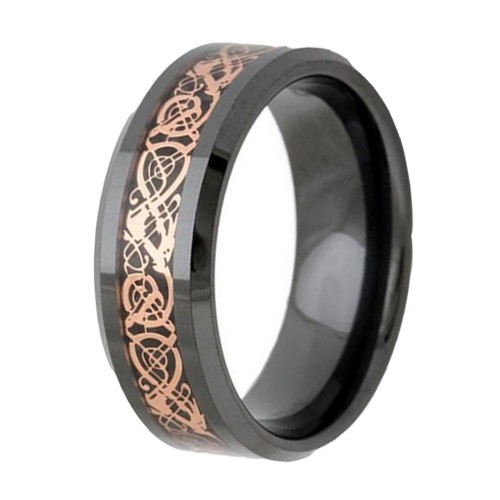 Couple Unisex Black Tungsten Carbide Rings Rose Gold Celtic Dragon Inlay Mens Womens Wedding Band Carbon Fiber