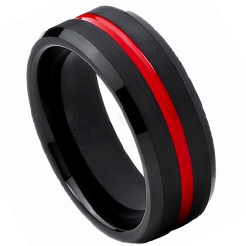 Black Brushed 8MM Mens Womens Tungsten Carbide Rings Thin Red Grooved Couple Wedding Bands Bevel Edge Designed