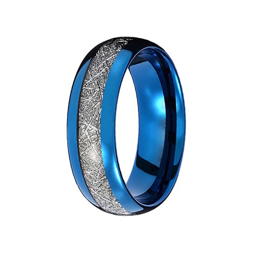 Mens Womens 8MM Silver Meteorite Inlay Blue Engraved Tungsten Carbide Rings Domed Couples Wedding Bands Carbon Fiber