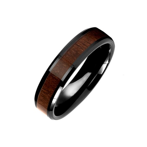 Black Plated Tungsten Carbide Rings Wood Inlay Bevel Edge 6MM Mens Womens Wedding Bands Carbon Fiber