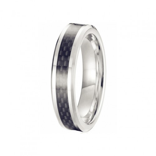 Tungsten Carbide Rings Mens Womens 6MM Inlaid Black Carbon Fiber Silver With Polished Beveled Edge Couple Wedding Bands