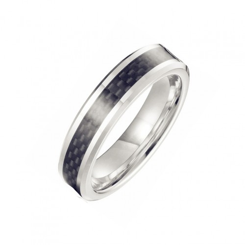 Tungsten Carbide Rings Mens Womens 6MM Inlaid Black Carbon Fiber Silver With Polished Beveled Edge Couple Wedding Bands