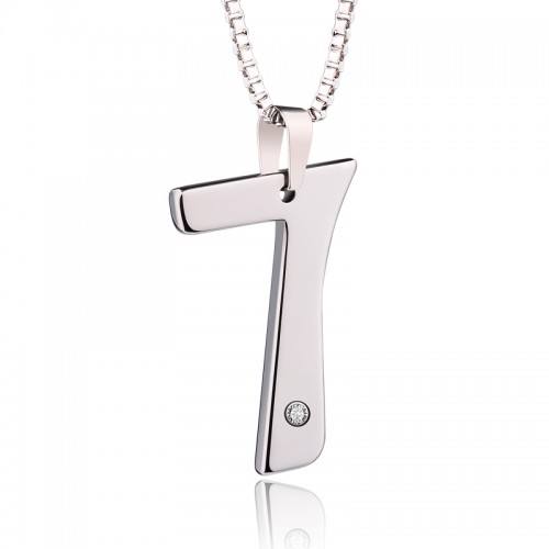 Women's Or Men's New Fashion Number Seven CZ Stone Inlay High Polished Tungsten Pendants Stainless Steel Chain Necklace