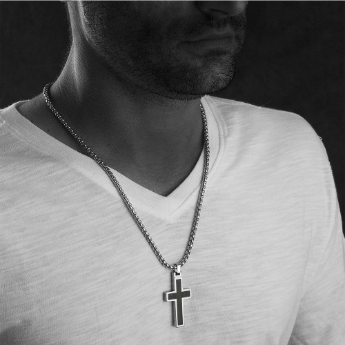 Women's Or Men's Unique Tungsten Cross Pendant .4mm Wide Surgical Stainless Steel Box Chain. Grey Wood Inlay Necklace