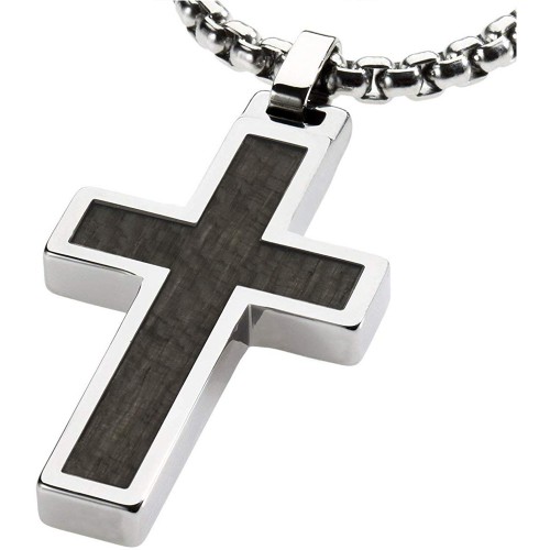 Women's Or Men's Unique Tungsten Cross Pendant .4mm Wide Surgical Stainless Steel Box Chain. Grey Wood Inlay Necklace