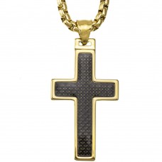 Women's Or Men's Tungsten Cross Pendant. 4mm Surgical Stainless Steel Box Chain. Black Carbon Fiber Inlay. Gold Plated