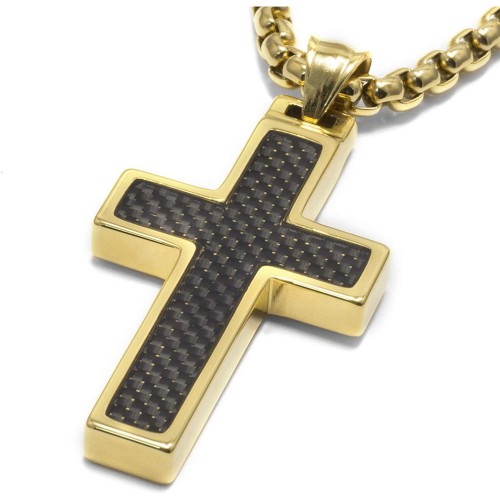 Women's Or Men's Tungsten Cross Pendant. 4mm Surgical Stainless Steel Box Chain. Black Carbon Fiber Inlay. Gold Plated