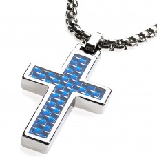 Women's Or Men's Unique Tungsten Cross Pendant. 4mm Wide Surgical Stainless Steel Box Chain. Blue Carbon Fiber Inlay. Necklace