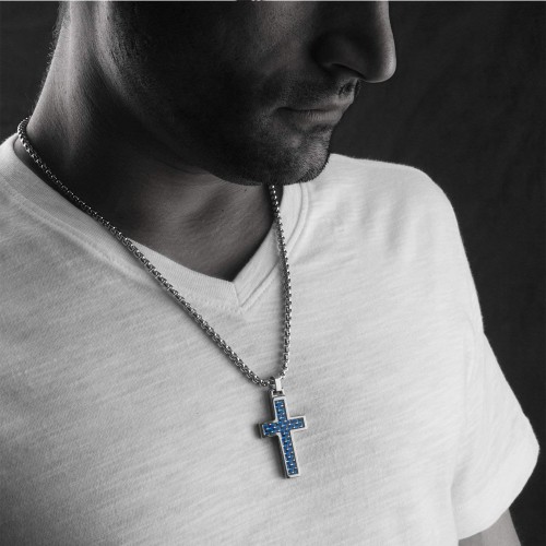 Women's Or Men's Unique Tungsten Cross Pendant. 4mm Wide Surgical Stainless Steel Box Chain. Blue Carbon Fiber Inlay. Necklace