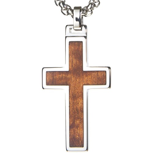 Women's Or Men's Unique Tungsten Cross Pendant .4mm Wide Surgical Stainless Steel Box Chain Wood Inlay Necklace
