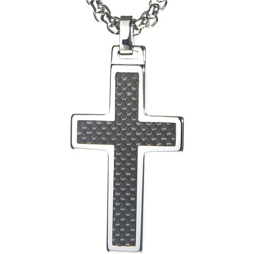 Women's Or Men's Tungsten Cross Pendant .4mm Surgical Stainless Steel Box Chain. Tungsten Cross Black Carbon Fiber Inlay