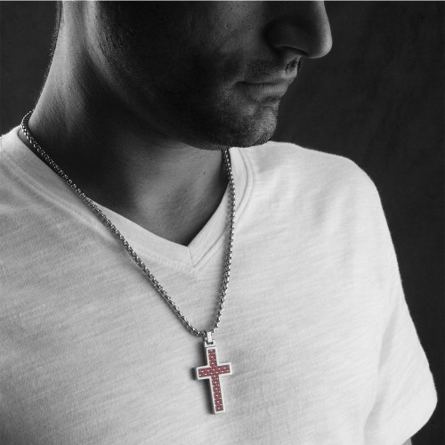 Women's Or Men's Unique Tungsten Cross Pendant Red Carbon Fiber4mm Wide Surgical Stainless Steel Box Chain