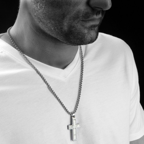 Women's Or Men's Unique Howlite Is White With Grey Inlay Tungsten Cross Pendant Necklace Jewelry Gifts For Couple Wedding