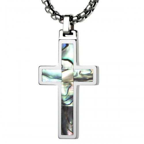 Women's Or Men's Unique Tungsten Cross Pendant Abalone Inlay Necklace Jewelry Gifts For Couple Wedding