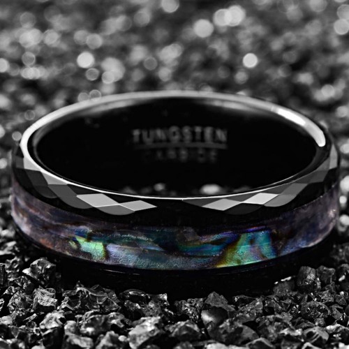 Black Abalone Shell Tungsten Carbide Rings Unisex Wedding Bands Mens Womens Carbon Fiber Couples
