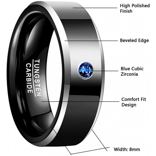 Mens Women Black Tungsten Carbide Rings Couple Wedding Bands, Carbon Fiber Polished Beveled Edge with Blue CZ