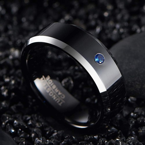 Mens Women Black Tungsten Carbide Rings Couple Wedding Bands, Carbon Fiber Polished Beveled Edge with Blue CZ