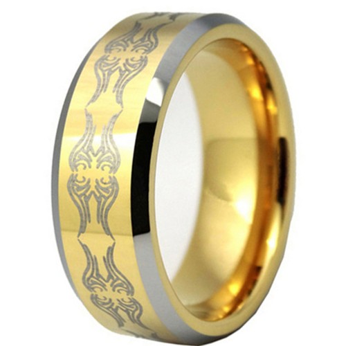 8MM Gold Tungsten Carbide Rings Bevel Edge Laser Patern Mens Womens Wedding Bands Carbon Fiber Couples