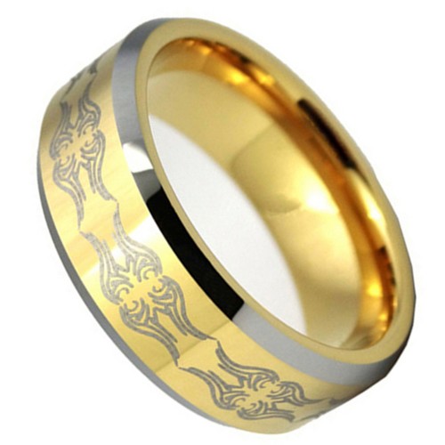 8MM Gold Tungsten Carbide Rings Bevel Edge Laser Patern Mens Womens Wedding Bands Carbon Fiber Couples