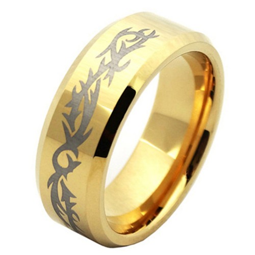 Mens Womens Creative Laser Pattern Gold Tungsten Carbide Rings Wedding Bands 8MM Carbon Fiber Couples