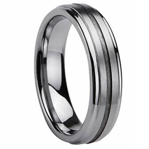 Mens Womens 6mm Silver Engagement Brushed Groove Step Edge Tungsten carbide Ring Couple Wedding Bands Carbon Fiber