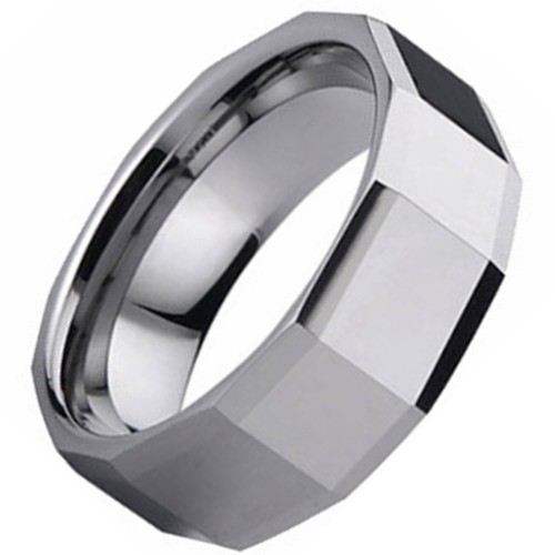 8MM Jewelry Silver Tungsten Carbide Rings Faceted Wedding Bands Mens Womens Personalized Carbon Fiber Comfort fits